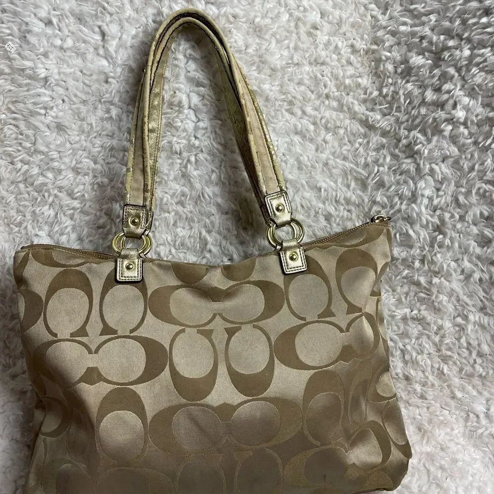 Coach large Tote Bag satin gold Signature F20026 metallic gold trim & Straps.